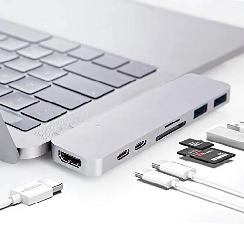 HYPER Guidare Adattatore USB C, Sanho Type-C Duo Hub 50Gbps per MacBook PRO 13" 15" 16‘’ 2016/2017/2019, 7In2: USB-C 40Mbps 100W, USB-C 5 Gbps, 4K HDMI, microSD/SD Card Reader, 2xUSB 3.1 Silver