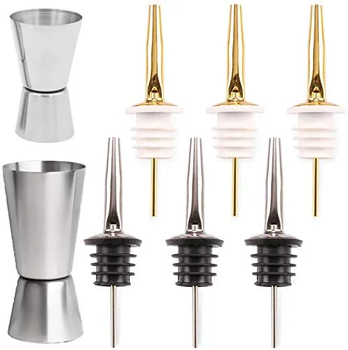 Lesai dosatore cocktail,2 Misurini per Cocktail, Stainless Steel Double Cocktail 25/50 ml Jigger,6 X Versatore Bottiglia con Patta,Tappo dosatore Acciaio Inox Tappo versatore Bottiglia Vino