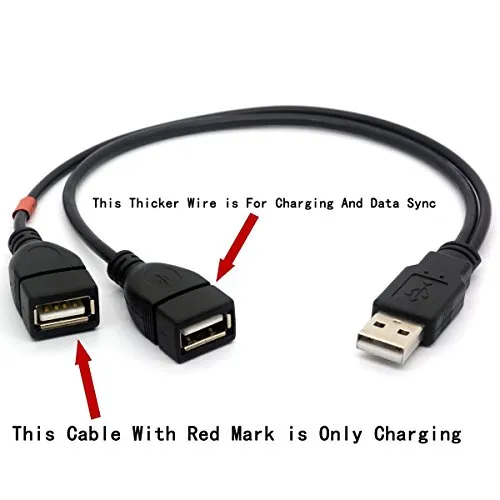 Cavo di prolunga con 1 attacco USB 2.0 e doppio splitter a Y, attacco da USB A 2.0 maschio a doppio jack USB 2.0 femmina, per ricarica e sincronizzazione dati, 30 cm (un solo lato per la ricarica)