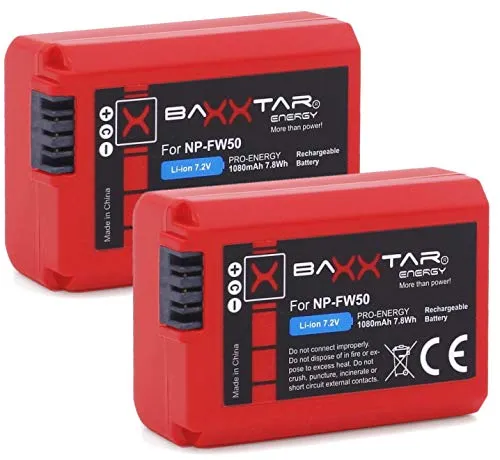 2x Baxxtar PRO compatibile con batteria Sony NP-FW50 (reale 1080mAh) con Info Chip - sistema di batterie intelligente - 100% compatibile"ultima generazione"