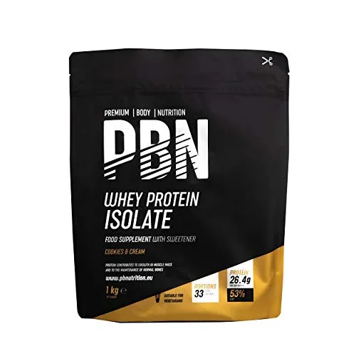 PBN - Premium Body Nutrition Whey-ISOLATE, Proteine Isolate del Siero di Latte in Polvere, 1 Kg (Pacco da 1), Biscotti e Crema, 33 Porzioni