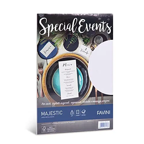 FAVINI A690154 carta Metallizzata Special Events Bianco 120 gr/m2 A4 (21x29,7cm) Risma da 20 Fogli Finitura Perlescente Ideale per Eventi Speciali Stampabile Made in Italy