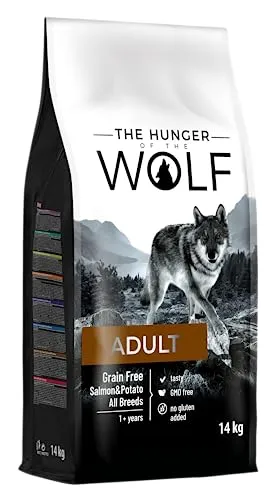 The Hunger of the Wolf Cibo secco per cani adulti di tutte le razze e cani con allergie, linea delicata senza cereali a base di salmone e patate - 14 kg