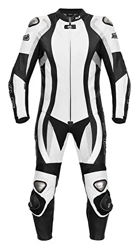 XLS - Tuta intera da motociclista, in pelle di alta qualità, colore: bianco/nero