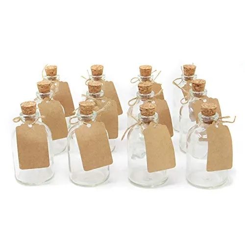 Set di 12 mini bottiglie di vetro | Bomboniere per decorazioni di nozze | Bottiglie di vetro da 50 ml con coperchi in sughero | Include etichette allegate | Decorazioni per la cucina | M&W