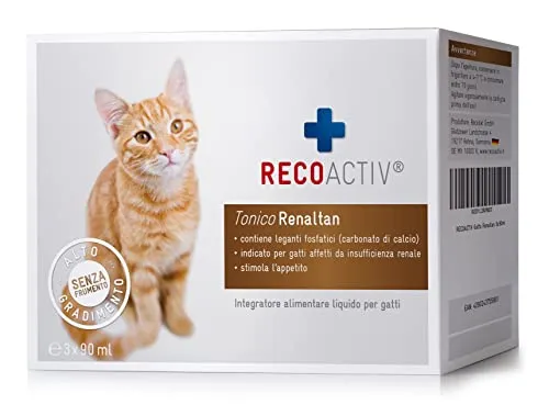 RECOACTIV Tonico Renaltan per gatti, 3 x 90 ml, integratore alimentare con chelante di fosfati per ridurre il contenuto di fosfato in caso di insufficienza renale o IRC.