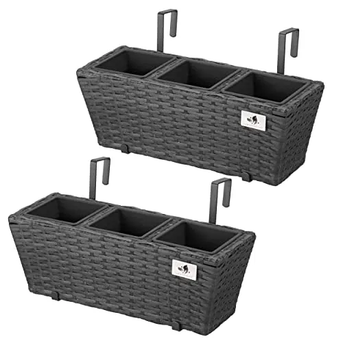 GARTENFREUDE, Fioriere da balcone in polyrattan, con tre vasetti in plastica, incl. supporto per appenderle, 47 x 17 x 15 cm, colore: Grigio, 2 pz.