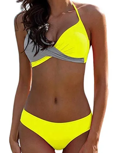 JFan Donna Costume da Bagno Push Up Imbottito Reggiseno Bikini Donna Due Pezzi Swimwear Abiti da Spiaggia (Giallo, L)