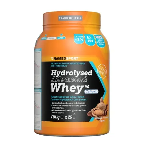 NAMEDSPORT Hydrolised Advanced Whey Choco-Almond 750 g - Proteine del Siero del Latte idrolizzate da Isolato di purissima qualità Carbery® Optipep®90 DH4 INSTANT, gusto cioccolato e mandorla