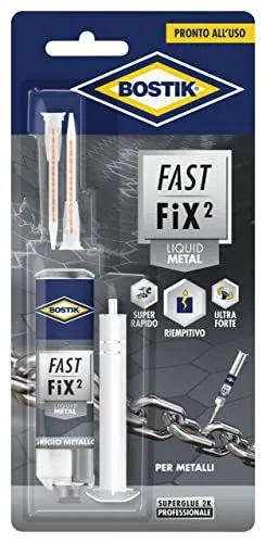 Bostik Fast Fix2 Liquid Metal Colle Bicomponenti Super Forte e Rapida, Pronta all'Uso, Per Metalli, 10g, Grigio