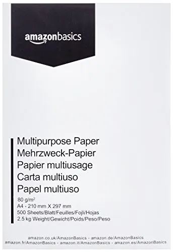 Amazon Basics Carta da stampa multiuso A4 80gsm, 1 risma, 500 fogli, bianco