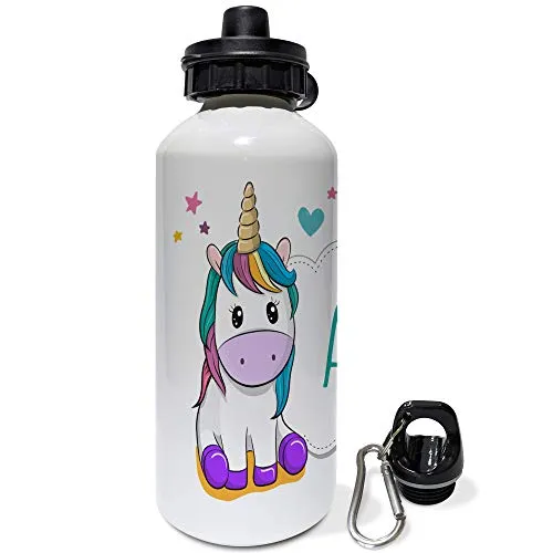 Lolapix Borraccia Bambini Personalizzata con Nome. Regali per Bambini Personalizzati. Borraccia Alluminio Personalizzata. 500ml. Unicorno