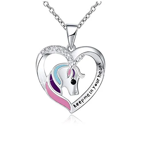 Binoster Collana Unicorno Ragazza Gioielli Argento 925, Ciondolo Cuore Articoli da Regalo Unicorn per Ragazze e Donne Teenager ''Keep Me in Your Heart'' con Scatola di Unicorno jewerly per Natale