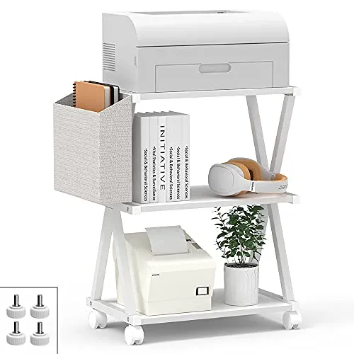 VEDECASA Supporto per stampante mobile a 3 ripiani, in legno, telaio in metallo, con custodia, per la casa, l'ufficio, moderno, sotto la scrivania, con rullo (bianco)