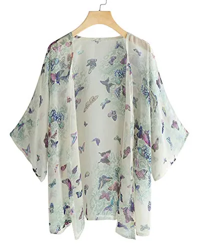 SUNNYME - Cardigan da donna estivo floreale Kimono top casual sciolto chiffon spiaggia copertura top camicetta scialle cardigan plus size A-farfalla stampa S