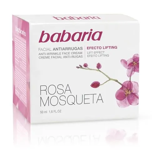 Babaria - Crema Facial Antiarrugas, Efecto Lifting, con Aceite de Rosa Mosqueta, Hidrata y Previene las Arrugas, Vegano - 50 ml