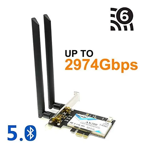 MQUPIN WiFi 6 AX200 2974 Mbit / s PCI-E WiFi network card con scheda di rete BT 5.0 Gigabit 802.11ac Adattatore di rete wireless con antenna 2X 6dBi per PC Win10