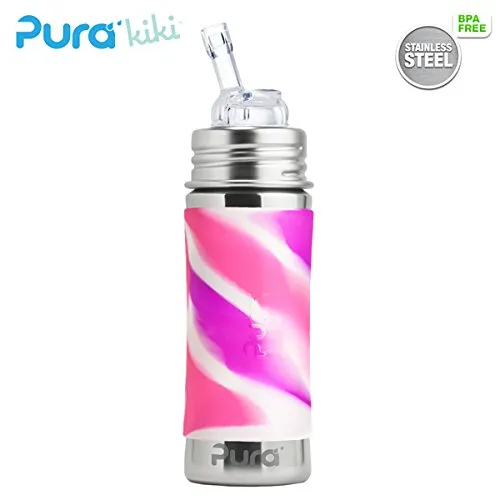 Pura Kiki Borraccia 325 ML – Cannuccia Aufsatz (con tappo di protezione) pura colore/Design Blank + Pink Swirls rivestimento