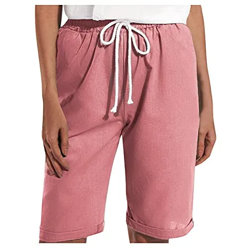 Rmoon Pantaloncini Estivi Donna in Cotone e Lino Shorts a Vita Alta Bermuda Pantaloni Corti Pantaloncino Corto con con Coulisse in Vita Sport Casual per Donna Pantaloni Sportivi da Donna