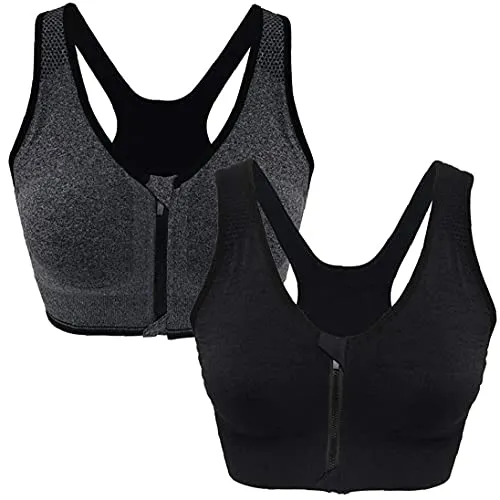 Runfon Donne Sport Bra Traspirante Zip con Zip Frontale Removibile Pads Yoga Bra Bra Black Grey L 2PCS