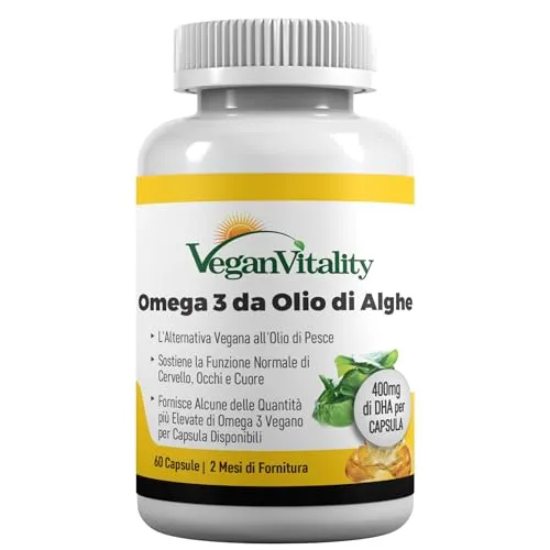Omega 3 Vegan - Olio di alghe - ad Alta Efficienza: 400mg DHA Per Capsula, 60 Capsule, Fornitura per 2 Mesi di Integratori di Olio di Pesce Vegano a Base di Alghe