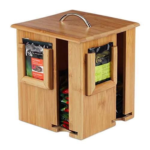 Relaxdays Tea Box, Contenitore Girevole, Coperchio Rimovibile, 4 Scomparti, 160 Bustine, 20,5x18x18 cm, Legno Naturale