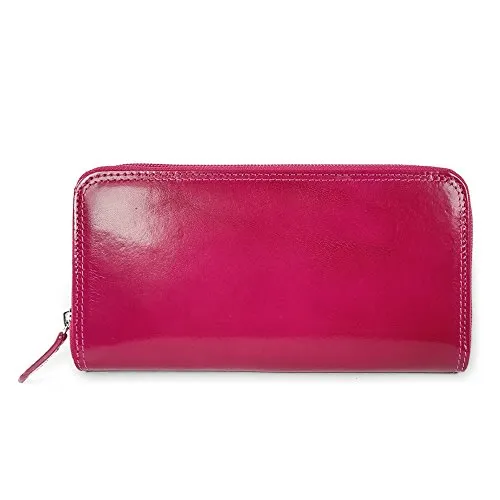 Portafoglio Donna in Vera Pelle - Portafogli Sottile e Capiente con Scomparto Porta Tessere Documenti e Banconote - Chiusura con Cerniera - 19x9.5x2.5 cm - Designer Italiano - Fucsia