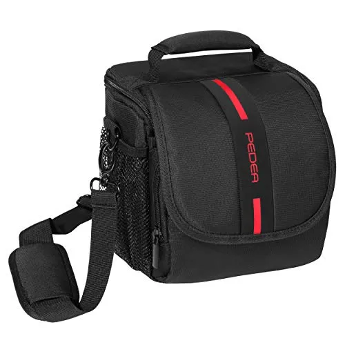 PEDEA DSLR borsa per fotocamera "Essex" Borsa per fotocamera per macchine fotografiche reflex con protezione antipioggia impermeabile, tracolla e scomparti per accessori, misura M nero/rosso