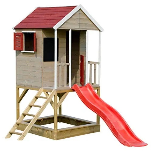Casetta per bambini in legno sulla piattaforma | Casa di avventura estiva per bambini con scivolo, scala, balcone, scaffale giocattolo, tapparelle, lavagna