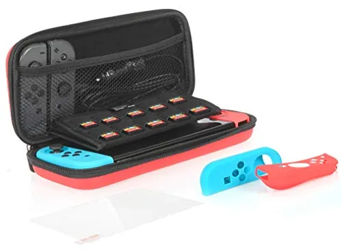 AmazonBasics - Kit di accessori per Nintendo Switch, con custodia e pellicola protettiva per lo schermo in vetro temperato - Rosso