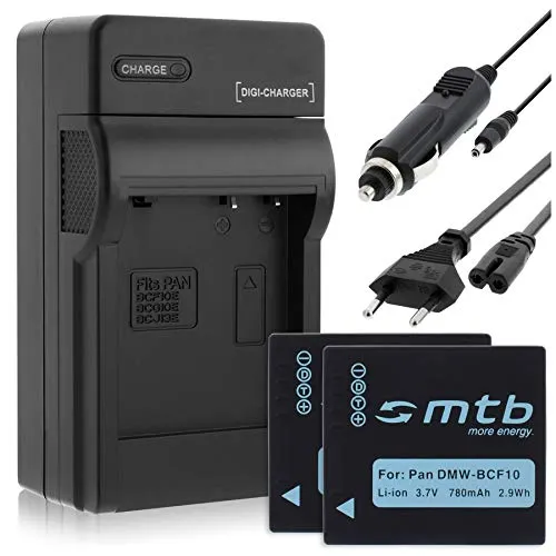 2 Batterie + Caricabatteria (Auto/Corrente) per Panasonic DMW-BCF10E / Lumix FS10, FS15, FS30, FX700. vedi lista!