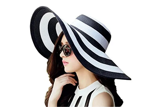 1PCS Donna Lady Grils Bianco+Nero Strisce Pieghevole Beachwear Larga Tesa Grande Elegante Cappello da sole Estivo Spiaggia Paglia Cap UPF 50+