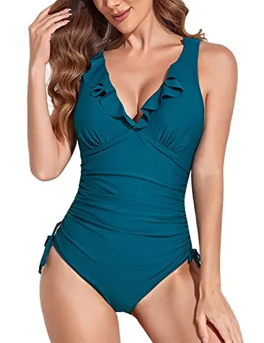 heekpek Costume da Bagno Donna Intero Scollo a V Vita Alta Arruffato Slim Ruched Controllo Addominale Beachwear Costume da Bagno Donna Sexy, Blu, M