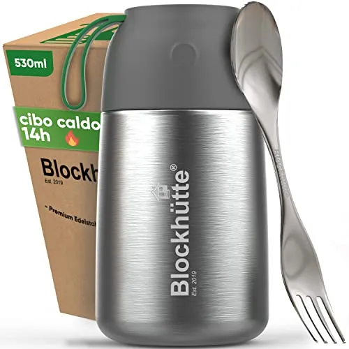 Blockhütte Contenitore Termico per Alimenti Caldi I 530 ml I Portapranzo Termico per Adulti e Bambini, Thermos Pasta e Vivande, Lunch Box Isotermico con Borsa, Senza BPA, Termos Caldo 14 Ore