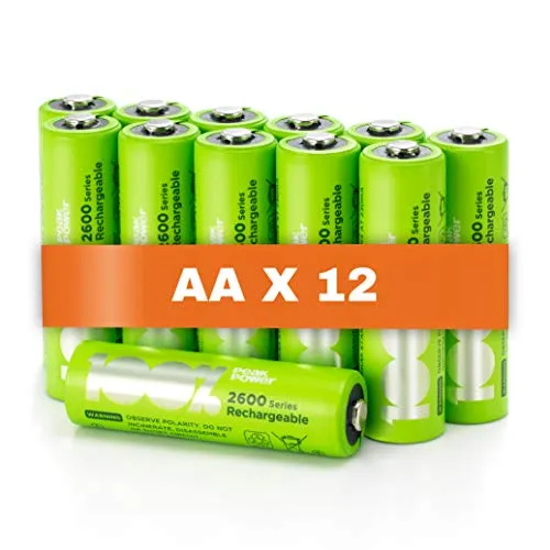 Batterie Ricaricabili AA - Set da 12 - Serie 2600 | 100% PeakPower | Pile Stilo NIMH AA - Alta Capacità
