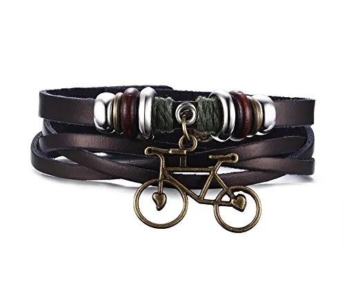 Vnox mens Womens bicicletta fascino braccialetto di strati Plain Wrap in vera pelle, colore marrone, lunghezza 21.5 cm