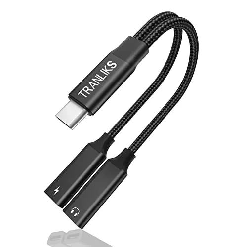 TRANLIKS Adattatore Cuffie USB Dual USB C Headphone Adapter, 2 in 1 Adattatore USB C Cuffie con cavo audio Aux PD 60W a ricarica rapida - Nero
