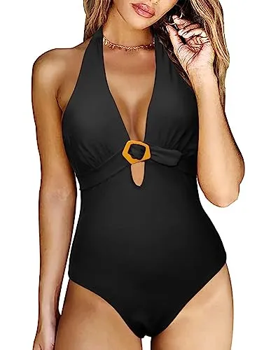 Rayson Donna Scollo a V Costume Intero Costumi da Bagno Backless Halter Scollo Beachwear Monokini con Controllo Swimsuit Interi da Spiaggia Piscina(Nero,XL)