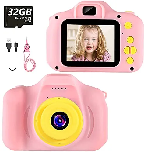 Fotocamera per Bambini Fotocamera Digitale Portatile con Scheda SD 32 GB TF Card HD da 2 Pollici 1080P Mini Ricaricabile Videocamera per Giocattoli Regalo Ragazzi Ragazze da 3 a 12 Anni (Rosa)