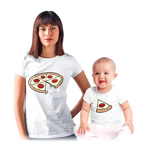 Shirtgeil Coppia Maglie per Mamma e Figlio/Figlia Divertente - Fetta di Pizza Bambini Bianco 6-12 Mesi-Mamma Bianco Medium