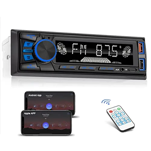 Autoradio 1 Din, Radio Auto Stereo LSLYA 4X50W con Bluetooth Vivavoce con App Control Supporta FM/ MP3/SD/AUX-IN/EQ/Display Orologio/Telecomando, Due porte USB