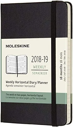 Moleskine 2018-2019, Agenda Settimanale 18 Mesi, Tascabile, Orizzontale, Copertina Rigida, Nero