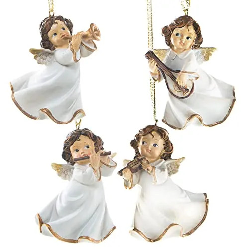 Logbuch-Verlag 4 angeli da appendere – angelo custode angelo natalizio con strumenti bianco oro – piccolo regalo di Natale 7,5 cm