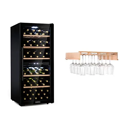 KLARSTEIN Barossa 102D - Set con Calici per Vino, Set Cantinetta Vino e Calici, Frigorifero per Vini a Compressione, 102 Bottiglie, 5-18 °C, 2 Zone, Controllo Touch, Vetro Frontale, Nero