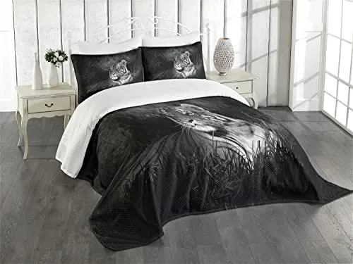 ABAKUHAUS Bianco e nero Set Copriletto Trapuntato, Tigre del Bengala, Decorativo, 2 Pezzi con 1 Federa Cuscino, 170 x 220 cm, Nero bianco