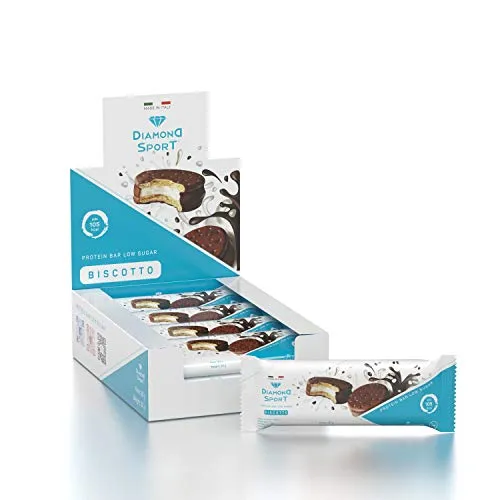 DIAMOND PROTEIN BAR LOW SUGAR - 20 Barrette Proteiche a Ridotto Contenuto di Zuccheri | Solo 105 Calorie con 26% di Proteine Siero del Latte (Whey Protein) Gusto Biscotto Goloso - Gluten Free, No OGM