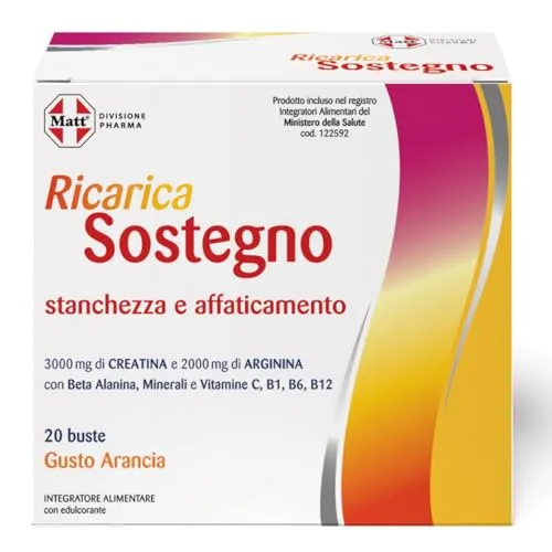 Matt, Ricarica Sostegno, Integratore Alimentare a Base di Arginina e Creatina, Utile per Ridurre la Stanchezza, Contribuisce alla Normale Funzione del Sistema Immunitario, Confezione da 20 Buste, 160g