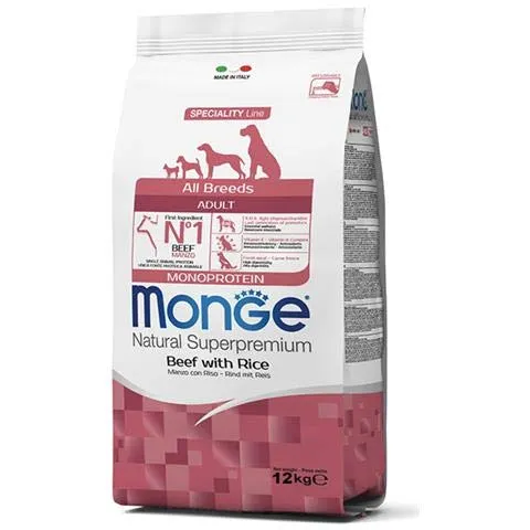 Monge ALL Breed Adult 12KG (Manzo E Riso) - Crocchette Super Premium al Manzo per Cani Adulti, monoproteico, Naturale al 100%