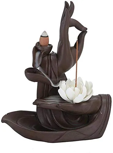 YXTX Portaincenso in Ceramica con riflusso Bruciatore di incenso di Loto Buddha, Decorazione per la casa con aromaterapia e 120 Coni di incenso con riflusso