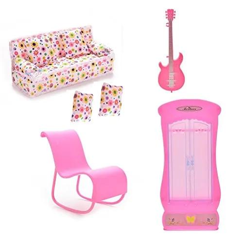 Xiton CoscosX Barbie Mobili Accessori di 1PC Couch, 2PCS Cuscini, 1PC Chitarra, 1PC Sedia a Dondolo (Rosa o Bianco Casuale), 1PC Armadio Guardaroba per Bambole Barbie
